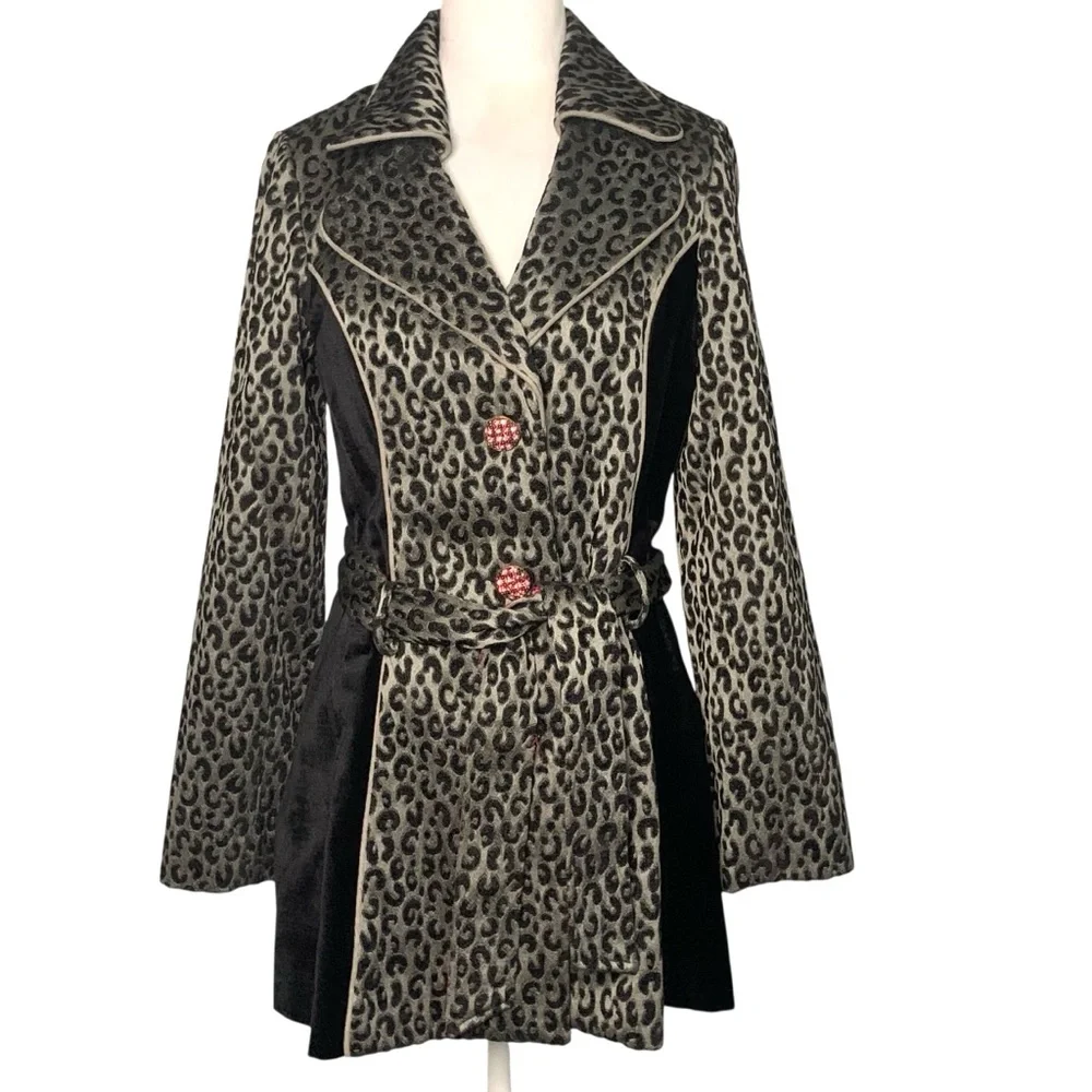 3 Sisters Small Black Gray Pink Leopard Print Belted Rhinestone Button Coat Glam - Picture 1 of 9